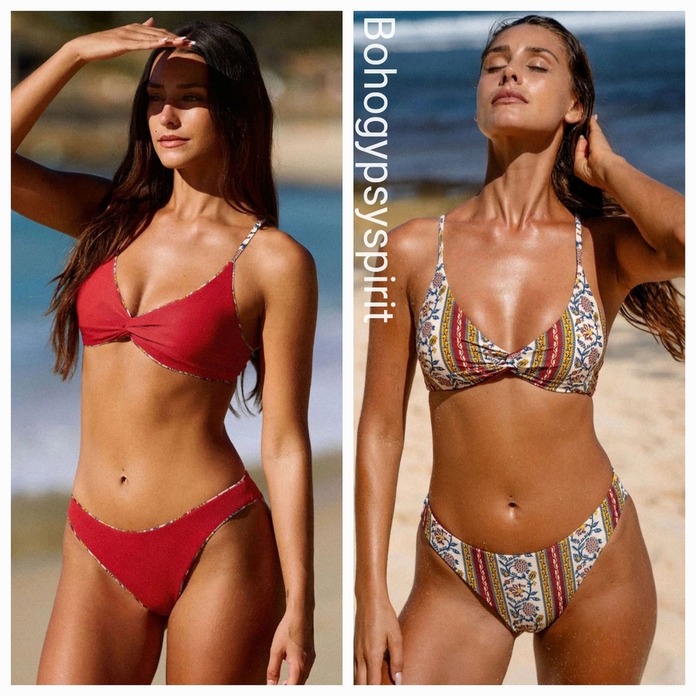 NWT $77 Berlook Red Reversible Floral Bikini Set, Medium